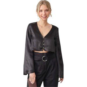 Womens Shiny Black Long Sleeve Button Front Crop Top